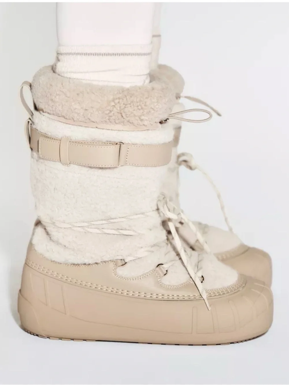 Zara Cream Shearling-Trim Winter Lace-Up Boots